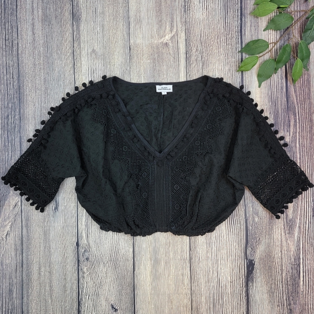 Place Nationale Vintage Inspired Crochet Pom Black Cotton Crop Top